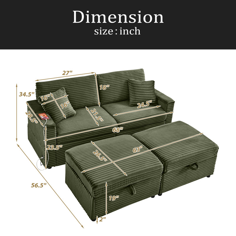 Comfortable Fluffy Corduroy Lazy Sofa, Storage Space For Big Loveseat, Super Soft Chaise Lounge With Double Ottomans And Table Board,Suitable For Chailiving