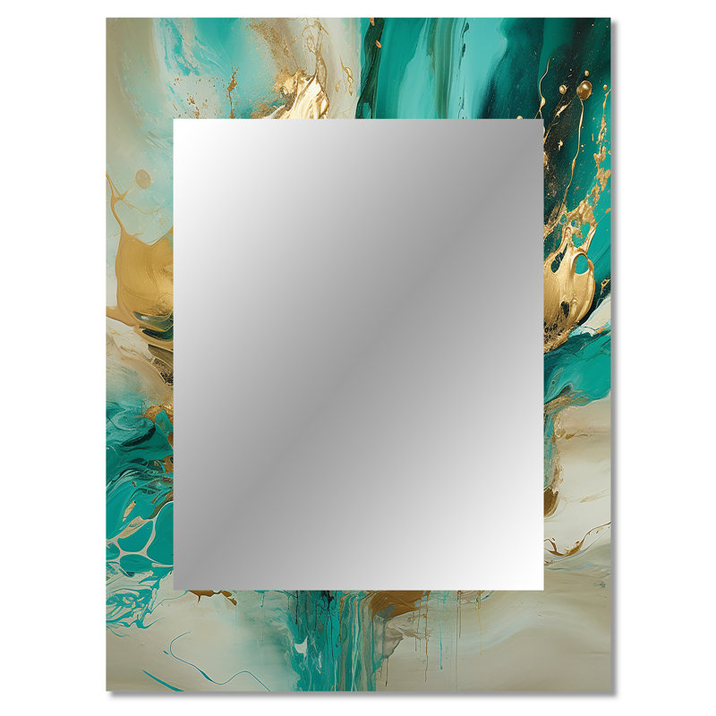 Gold And Green Unveiling The Energy IV - Geometric Decorative Mirror, Gold Wall Mirror, Printed Metal Art, 40" x 30"