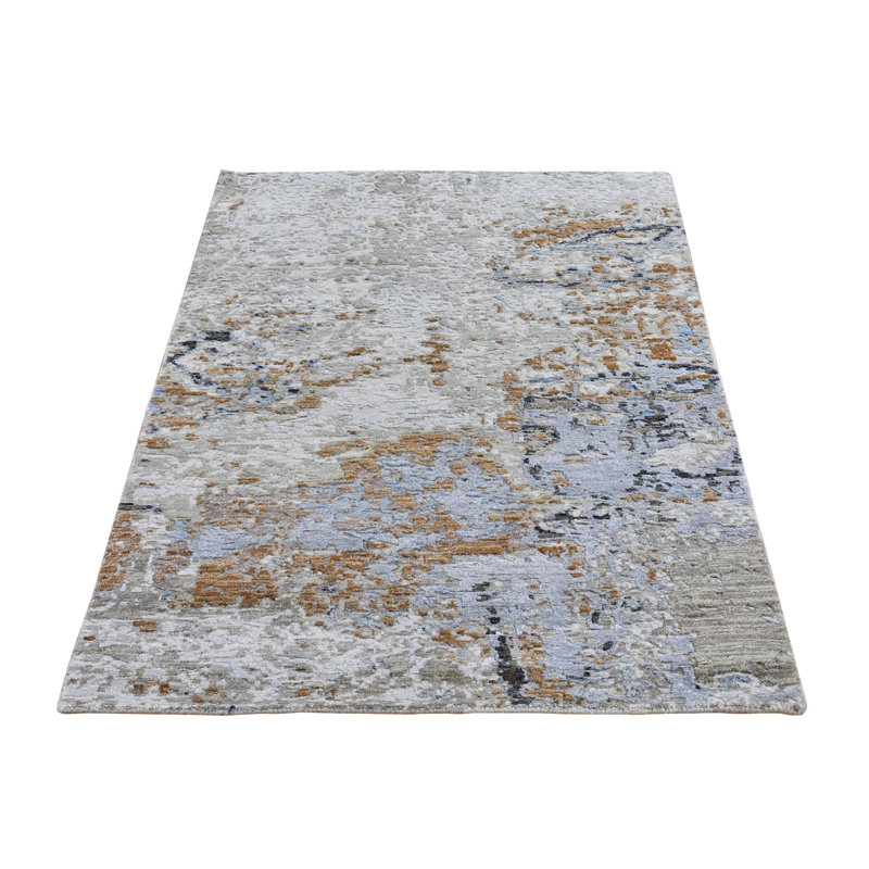 Tapis noué à la main 2 pi 10 po x 5 pi 1 po en laine et en soie à motif abstrait C261ED854DCD49FABAAC974A8A5F484D