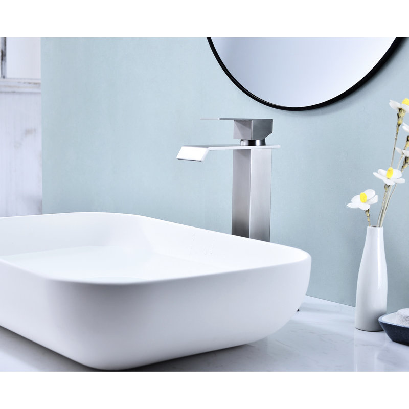 Single Handle Bathroom Sink Faucet With Waterfall Spout And Pop - Up Drain  No Overflow , Stainless Steel In Brushed Nickel Shine, Gentle Stream For Better Experience, Simple Water Flow Temperature