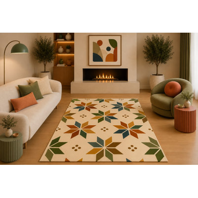 Tapis floral moderne de style Mid-Century 5 pi x 7 pi à motif géométrique en forme d'étoile à motif crème et moutarde orange vert pour le salon Chambre à coucher Tapis en silicone antidérapant