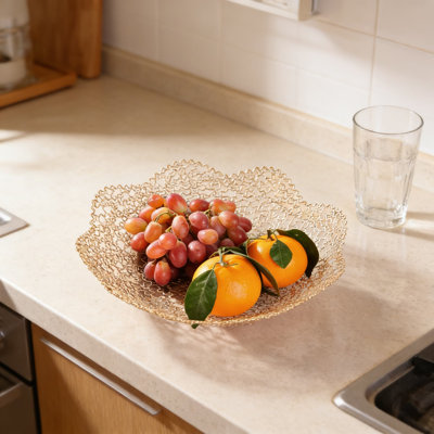 Decorative Fruit Bowl Basket For Home Decor - Modern Hollow Engraving Design, Sturdy Iron Wire Construction, Perfect For Kitchen Counter, Dining Table, And Living Room Centerpiece
