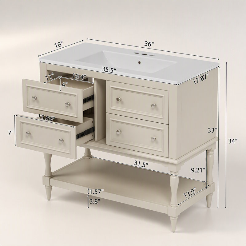 Meuble-lavabo 36 po avec armoire à pharmacie, armoire à miroir moderne avec tablette réglable, armoire de rangement pour salle de bain avec 4 tiroirs, armoire de rangement avec cadre en bois massif