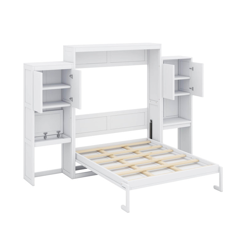 Grand lit escamotable avec bureau, coiffeuse et armoires, Blanc