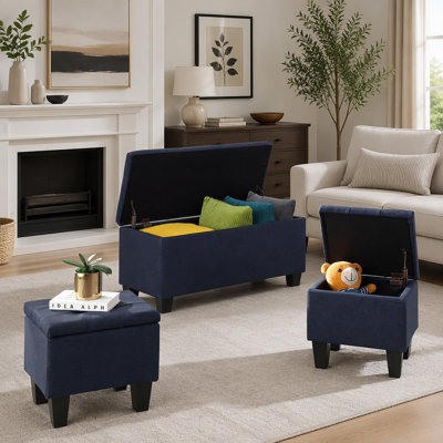 Large Storage Ottoman Bench Set, 3 in 1 Combination with Tufted Linen Upholstery for Living Room and Bedroom, Supports 250lbs