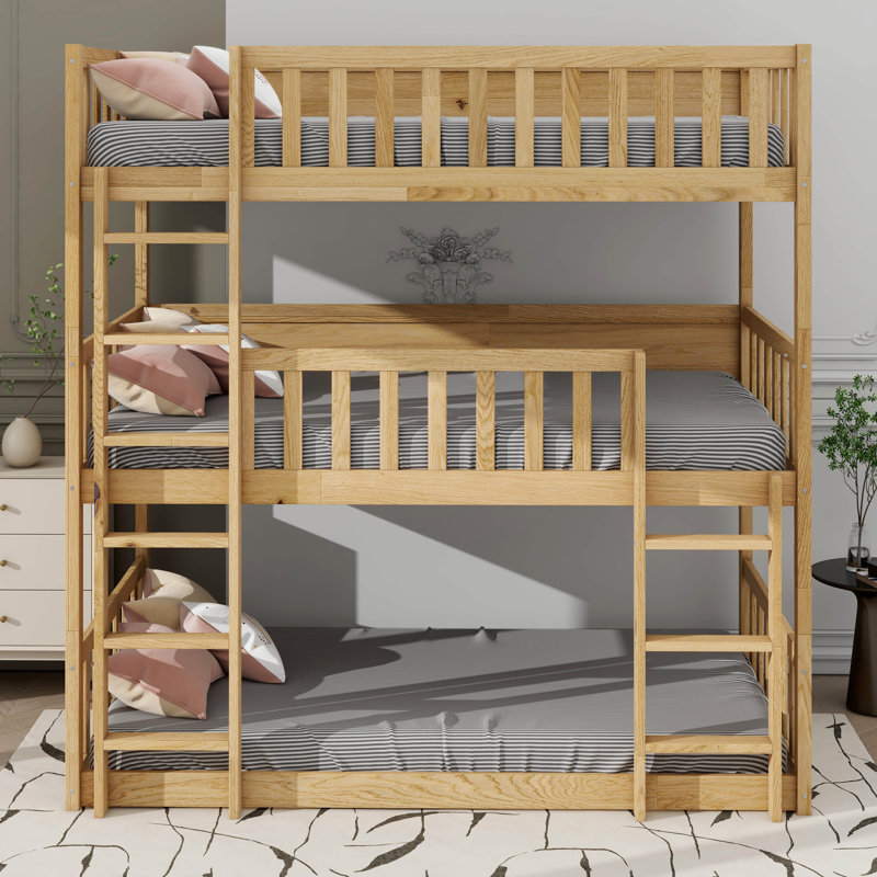 Twin-Sized Three-Tier Rubber Wood Bunk Bed, Fully Equipped With Ladders And Guardrails, Natural