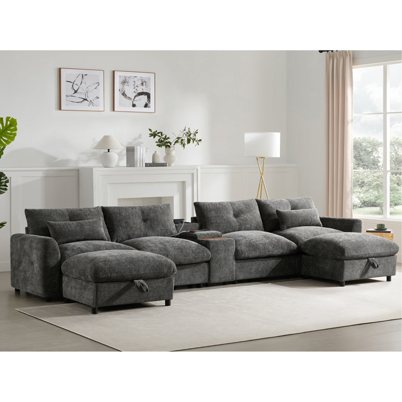 Modular Sectional Sofa With Movable Storage Ottoman And Console, Cup Holder, Wide Seat, 6 Seat U Shaped Couch, Oversized Sofa With USB Charger