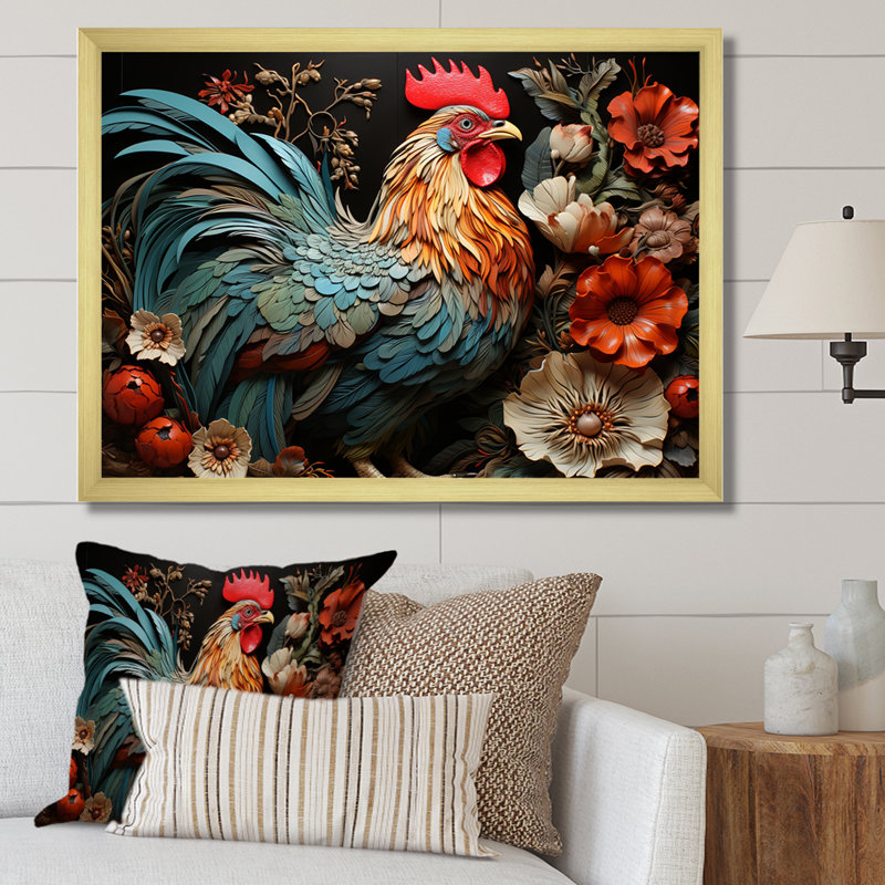 Art mural coq moderne avec coq moderne, H 34 po x l 44 po x P 1,5 po, Cadre doré à coins fermés