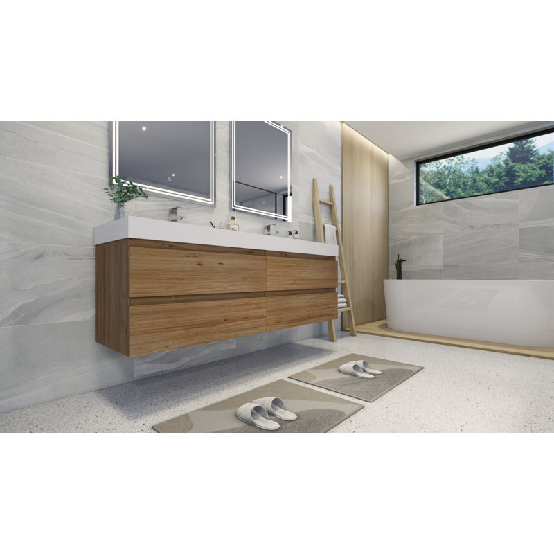Mitul 70.75'' Double Bathroom Vanity with Acrylic Top, Natural Oak