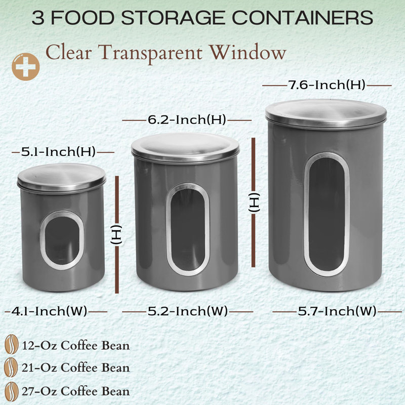 3-Piece Canisters Sets For The Kitchen, Gray