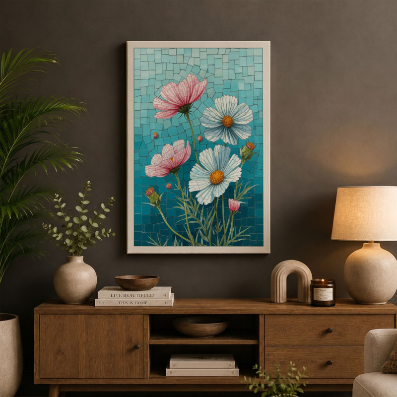 Cosmos Arrangement Botanical - Wrapped Canvas, 36x24 - 91.4 x 61.0 cm, Ochre Border