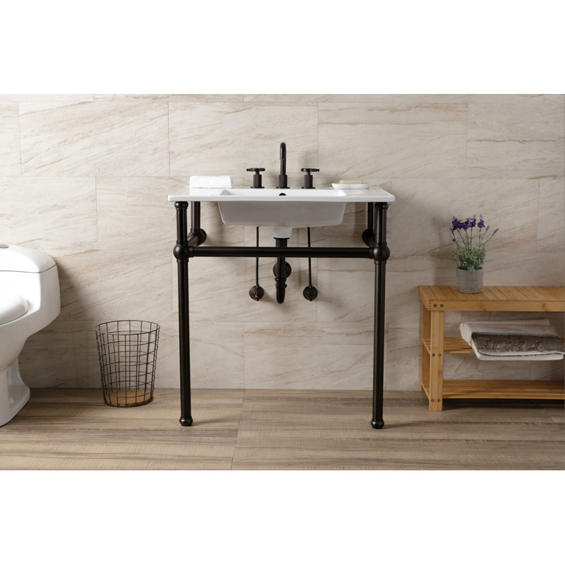 Kingston Brass Templeton 31-Inch Ceramic Console Sink with Brass Legs (8-Inch, 3-Hole), White/Oil Rubbed Bronze