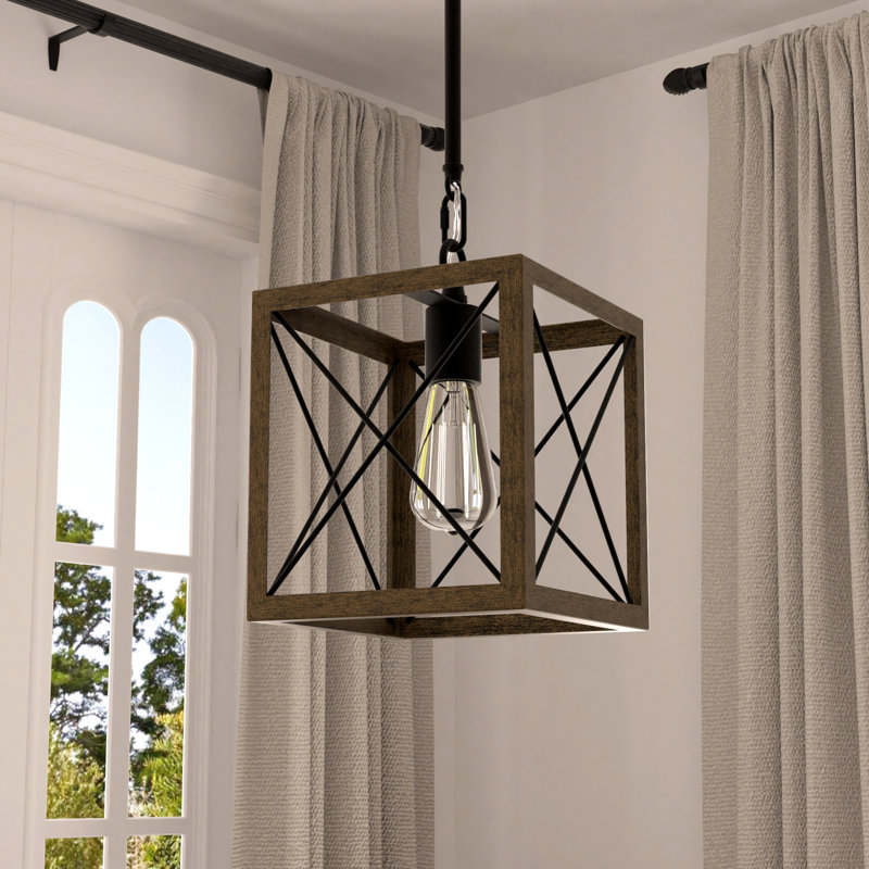 1 - Light Kitchen Island Lantern Square/Rectangle Pendant, Weathered Walnut