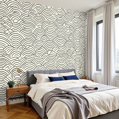 Papier peint adhésif peler et coller abstrait à motif géométrique ondulé noir et blanc avec lignes incurvées H 100 po x l 144 po, papier peint amovible en PVC pour chambre à coucher, bureau à domicile