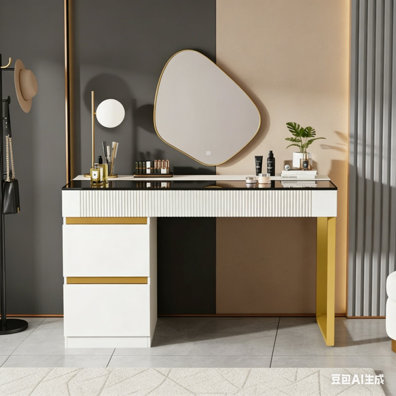 Coiffeuse à maquillage moderne avec 4 tiroirs et bureau en verre sans miroir