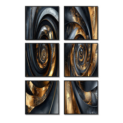 Spirales abstraites dans des tons dorés et noirs - Ensemble d'art mural abstrait à spirales abstraites de 6