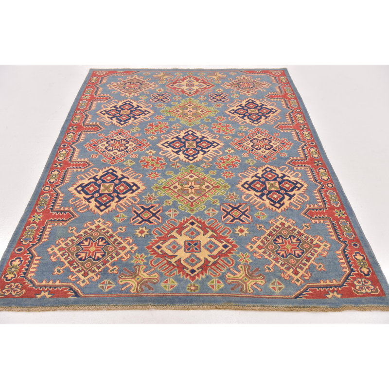 Tapis de zone en laine 5 pi x 7 pi "one-of-kind" à la main noué la new age blue Alayna