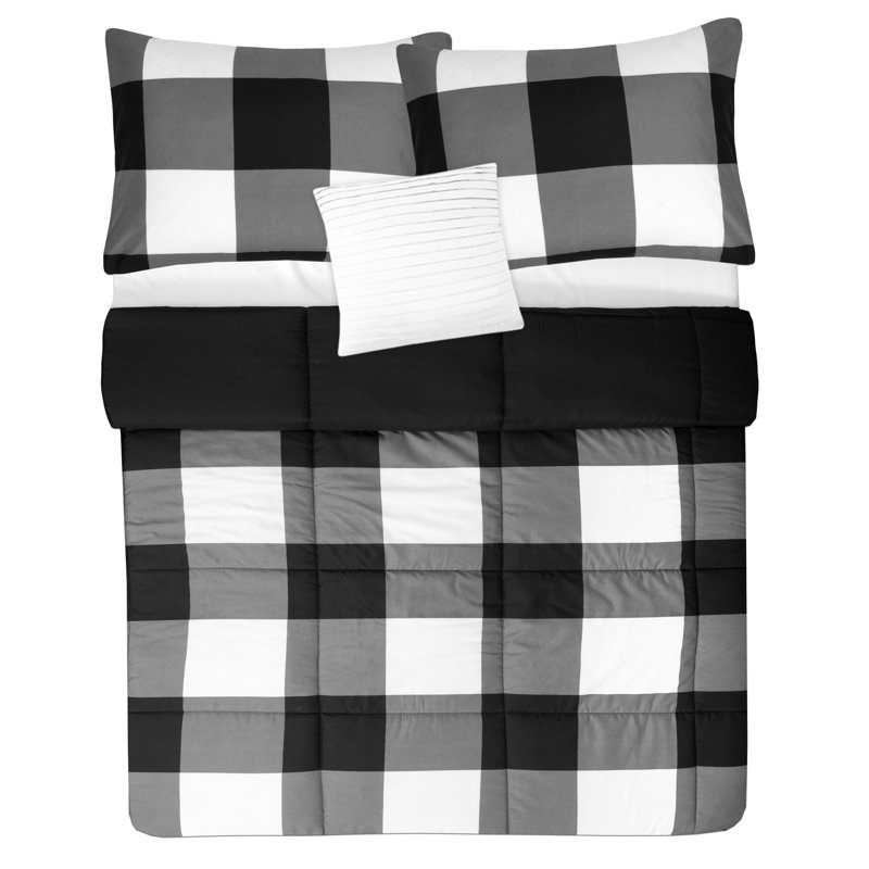 Ensemble d'édredon, de taies décoratives et de coussins décoratifs avec motif à gros carreaux imprimé de quatre articles