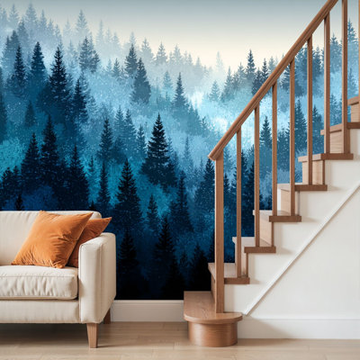 Peel and Stick Wallpaper Wall Mural misty forest landscape blue silhouettes coniferous trees seamless Wall Art Self Adhesive and Removable