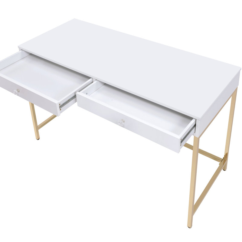 Bureau de coiffeuse Ottey blanc brillant et à finition dorée avec style contemporain et rangement spacieux
