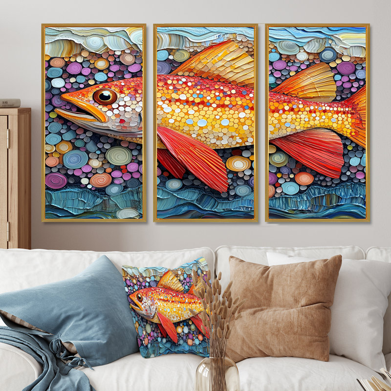 Red Arctic Char I - Fish Animal Wall Decor Set, Gold Floater Framed Canvas, 40" H x 60" W x 1" D