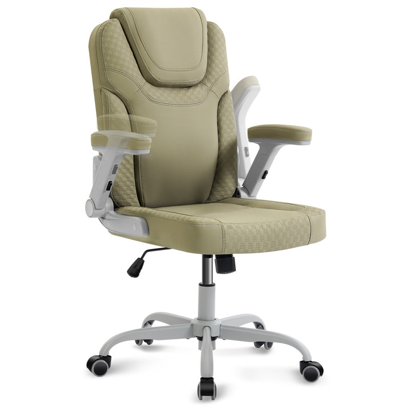 Green Office Chair Ergonomic Desk Chair with Lumbar Support, Flip-Up Arms, Adjustable Swivel Computer Chair with Wheels, PU Leather Executive Task Chair for Home Office Small Space