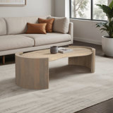Coffee Table with Travertine Top and Light Wood Base, Living Room Table with Organic Modern Design, 57"