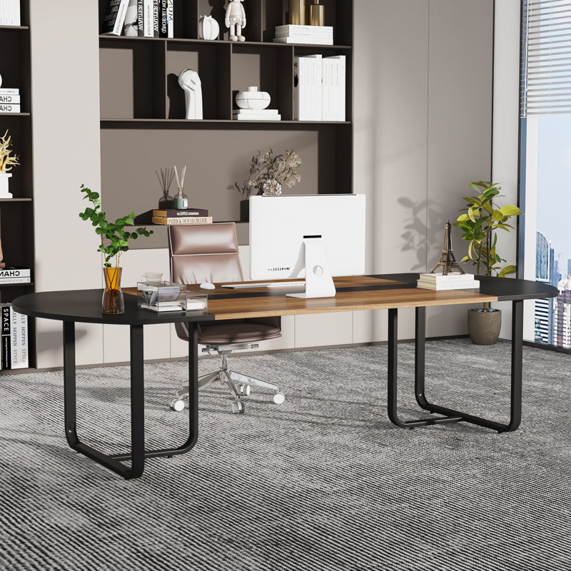 Cadynce 70.86'' Extra Long Executive Computer Desk with Curved Design, Black/Natural