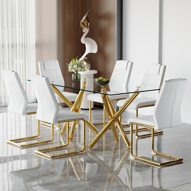 Ensemble de table de salle à manger 71 "en verre trempé pour 6 à 8 personnes, base en métal doré avec chaises de table en cuir PU imperméable
