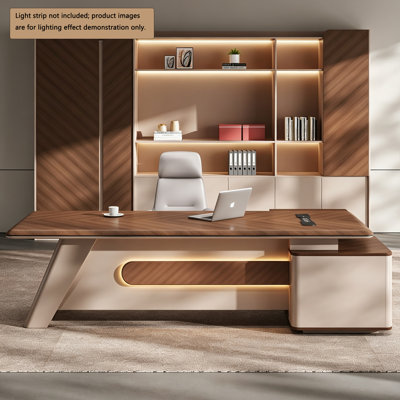 Bureau de direction moderne et luxueux de 125,98 po en panneaux de particules légers avec armoire latérale – Table de bureau minimaliste pour gestionnaire