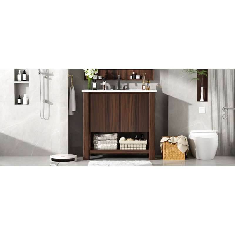 Meuble-lavabo antique avec lavabo en céramique, Brun antique