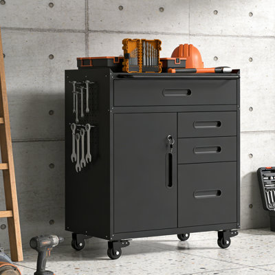 Armoire de rangement mobile pour outils - compartiment verrouillable et 4 tiroirs, organisateur de garage roulant en acier noir, l 29,5 po x P 16,5 po x H 34,4 po