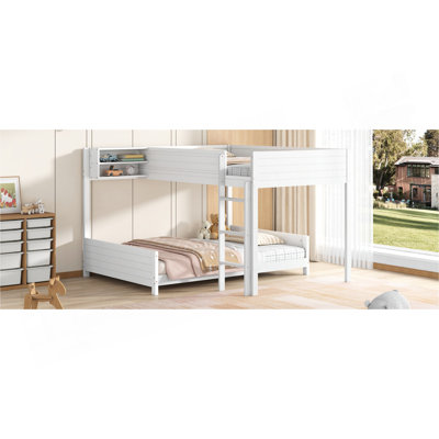 Lit superposé en bois double avec lit superposé double avec tablette de rangement intégrée et échelle, avec support à lattes, aucun sommier nécessaire, blanc