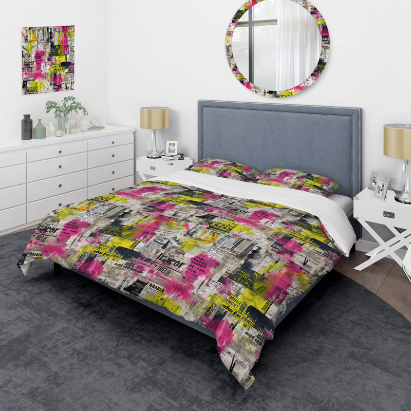 Ensemble de housse de couette Popart Neon Pink Newspaper Collage, Housse de couette pour très grand lit et 2 très
