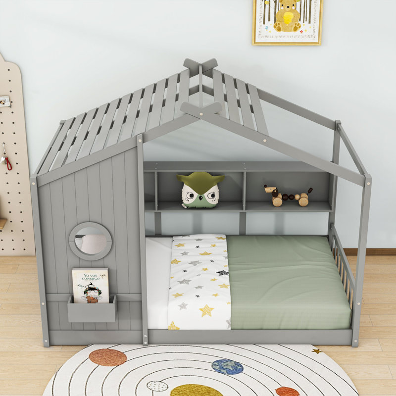 Lit maison en bois avec tablettes et lattes de rangement, Gris, Simple