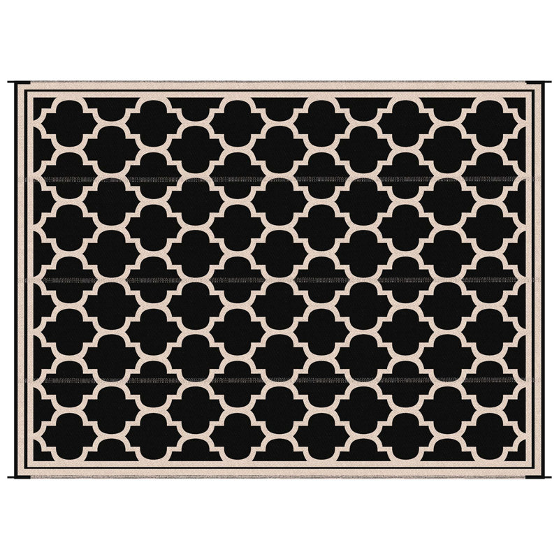 Outsunny Reversible Outdoor Rug Carpet, 9' x 18' Waterproof Plastic Straw Rug, Portable RV Camping Rugs with Carry Bag, Large Floor Mat for Backyard, Deck, Picnic, Beach, Black & Beige