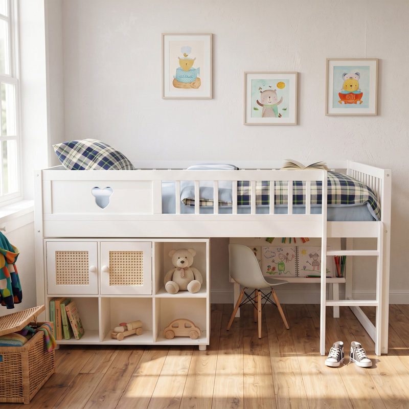 Lit mezzanine bas pour enfant (taille standard), cadre en bois avec étagère de rangement et armoire à portes en rotin, décoration ours mignon, design discret, meuble de chambre gain de place - blanc