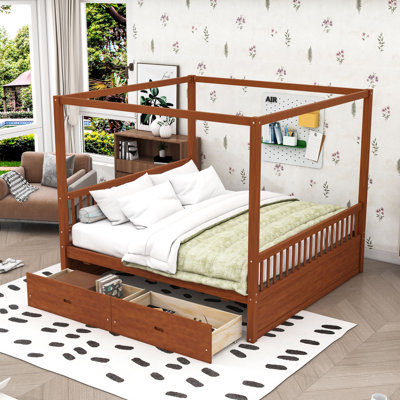 Wood Canopy Bed with Storage Drawers