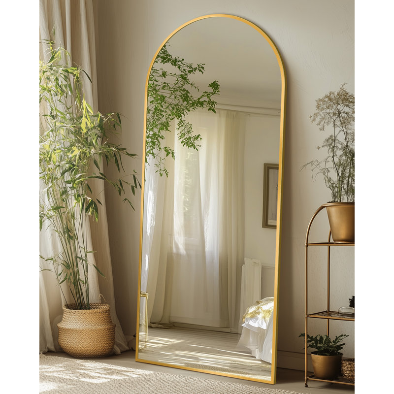 Arched Black Floor Mirror With Stand, 38x77 Inch Freestanding Full Body Mirror For Bedroom, Gold, 58" x 18"