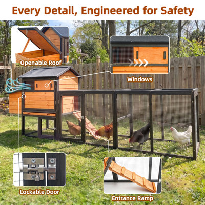  Grand poulailler en bois avec couloir de 114 po avec poulailler, nichoir pour 2 à 6 poules, cage à poulets pour l'extérieur, cage à poulets résistante aux intempéries pour la vie en plein air dans la cour naturelle (brun et noir)