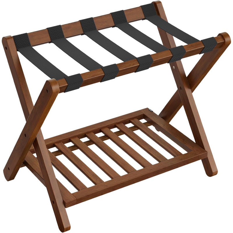 Porte-bagage en bois massif, sans assemblage requis, porte-valise pliable, porte-bagage, avec tablette de rangement, pour chambre d'amis, hôtel, chambre à coucher, brun café