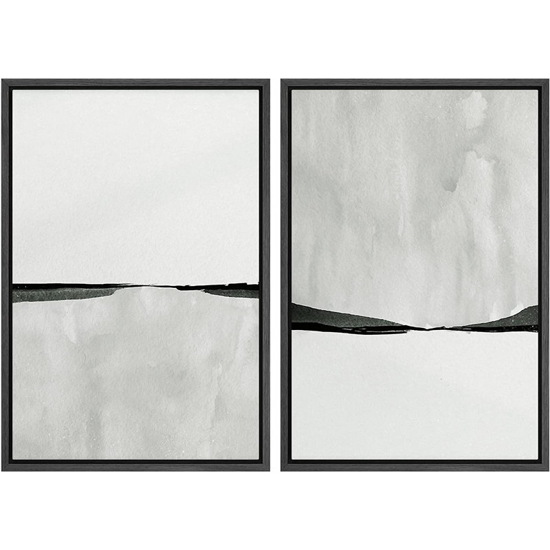 Abstract Landscape Neutral Minimalist Artwork Wall Art Framed On Canvas 2 Pieces Painting Print, 24" H x 32" W, Black
