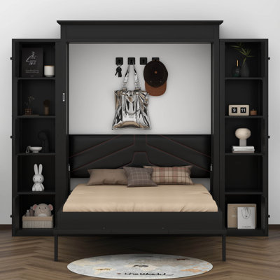 Grand lit escamotable vertical avec tablettes de rangement et lumières DEL, lit escamotable pliable en bois avec tête de lit rembourrée