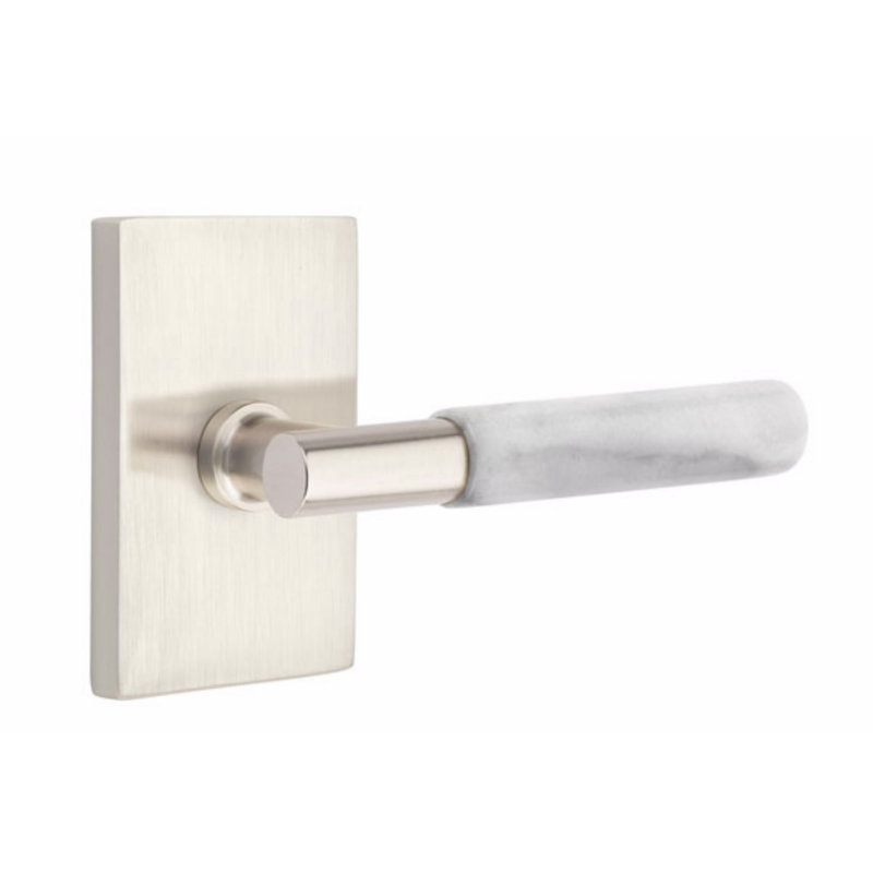 Select Round Passage (Hall & Closet) Door Lever with Rectangle Rosette, Satin Nickel/White Marble, Left