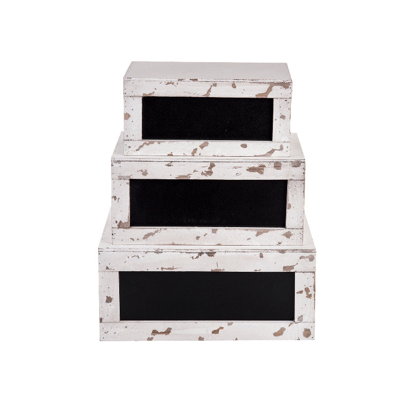 TableCraft Rustic Distressed White Wood Crates with Chalkboard Panels, Set of 3
