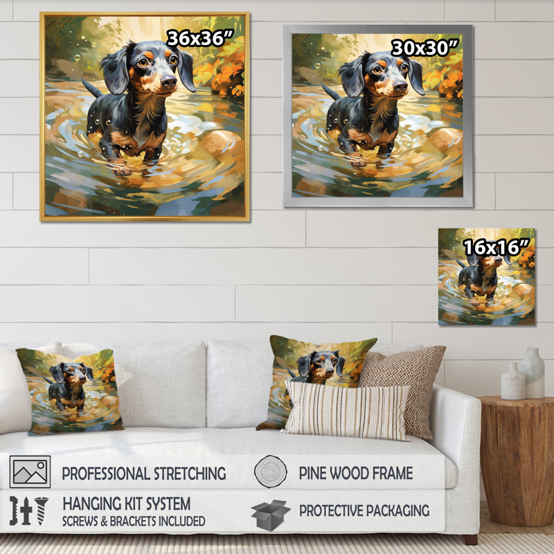 Mignon teckel jouant dans la rivière I sur toile, Cadre flottant doré, H 24 po x l 24 po x P 1 po
