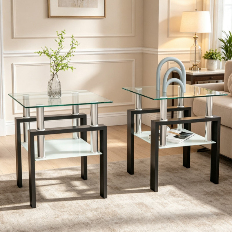 Ensemble de 2 tables de bout carrées modernes, table d'appoint en verre trempé, meubles d'appoint pour le salon, disponibles en finitions transparentes et noires