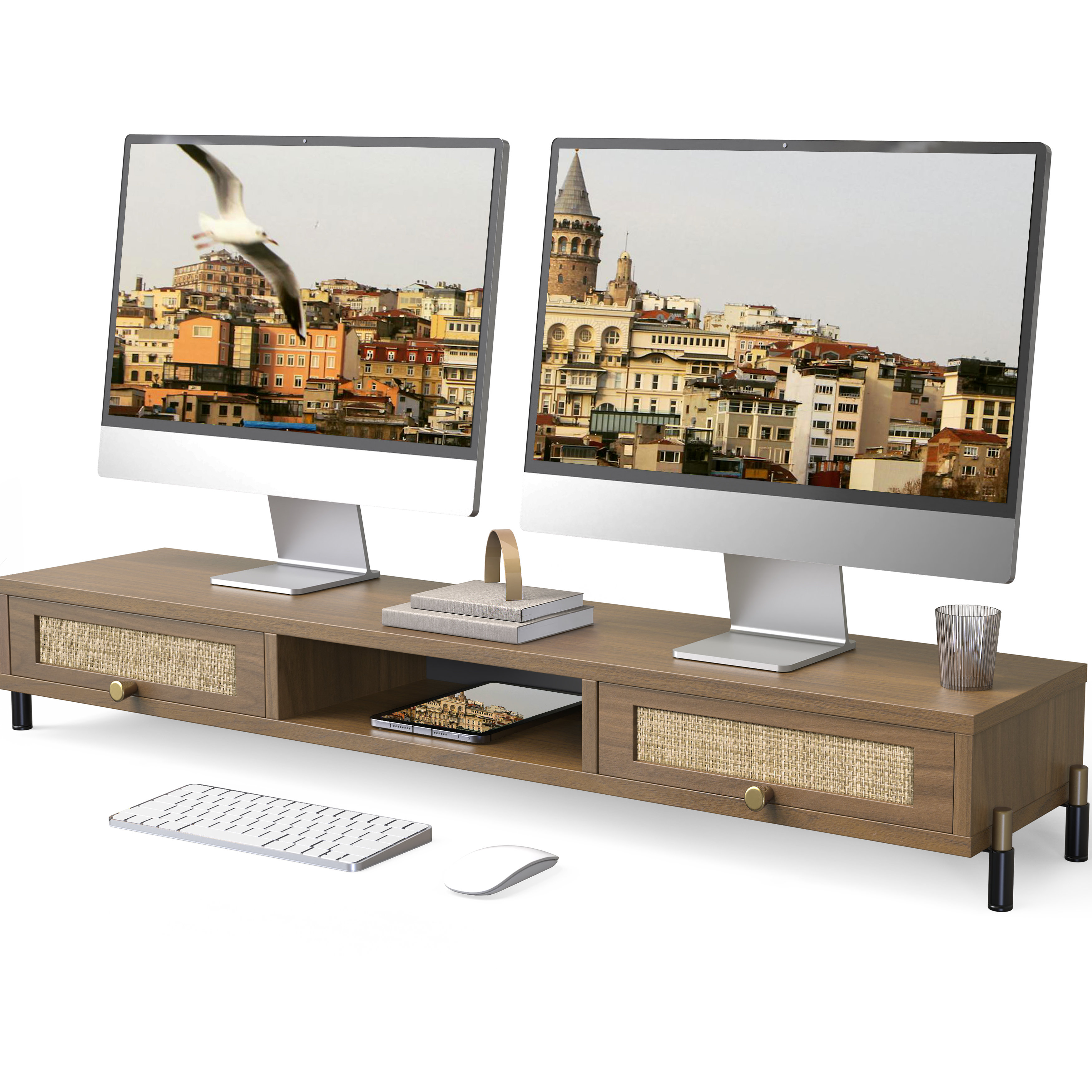 Wicker Riser Bayou Breeze Long Wooden Monitor Riser with Rattan Woven Drawer | Wayfair