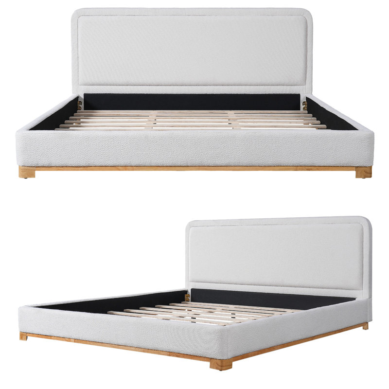 Structure de lit plateforme avec tête de lit courbée rembourrée Boucle, base en bois massif blanc, aucun sommier tapissier requis avec lattes de soutien, design moderne et élégant pour chambre à coucher contemporaine