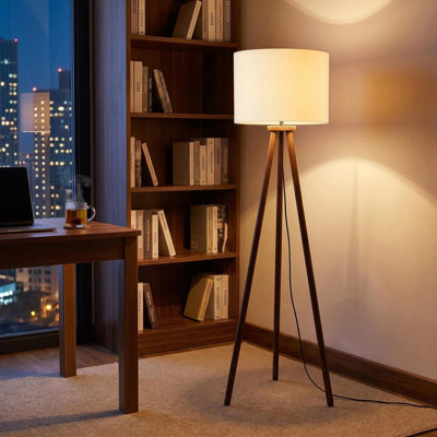 60.6" Modern Rustic Tripod Floor Lamp with Solid Rubber Wood Legs, Linen Drum Shade, Adjustable Height, Foot Switch Control for Living Room Side Tables, Bedroom Corners, Home Offices or Study Rooms